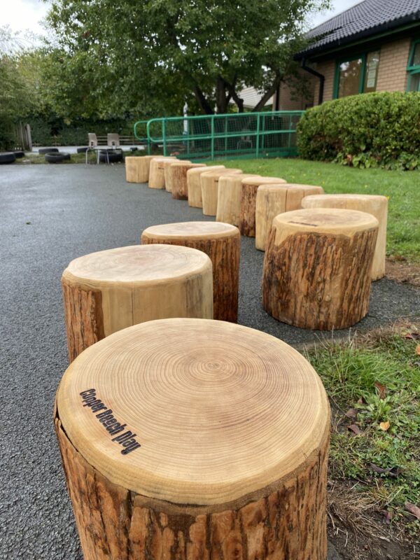 log seats , forest school, fire pit, outdoor classroom, stepping, log, play