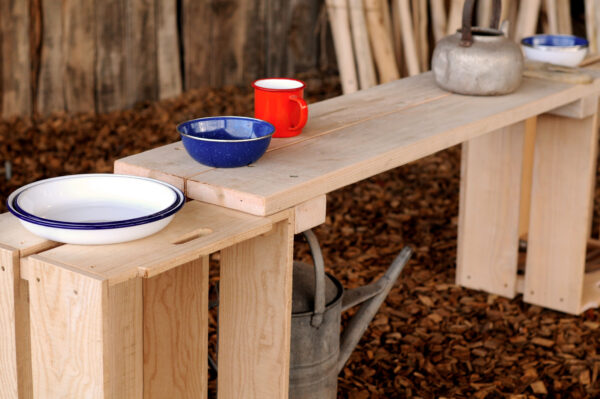 mud kitchen crates, storage, early years, forest school