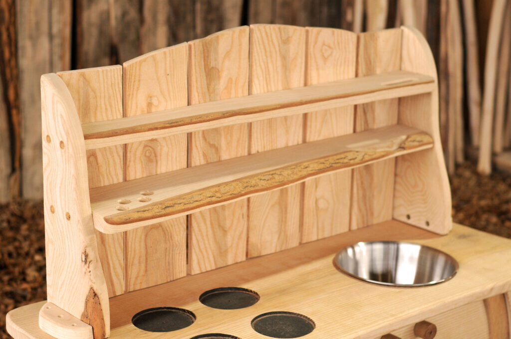 mud kitchen, small world, early years, wooden, play, equipment, forest school, dresser shelf, nursery